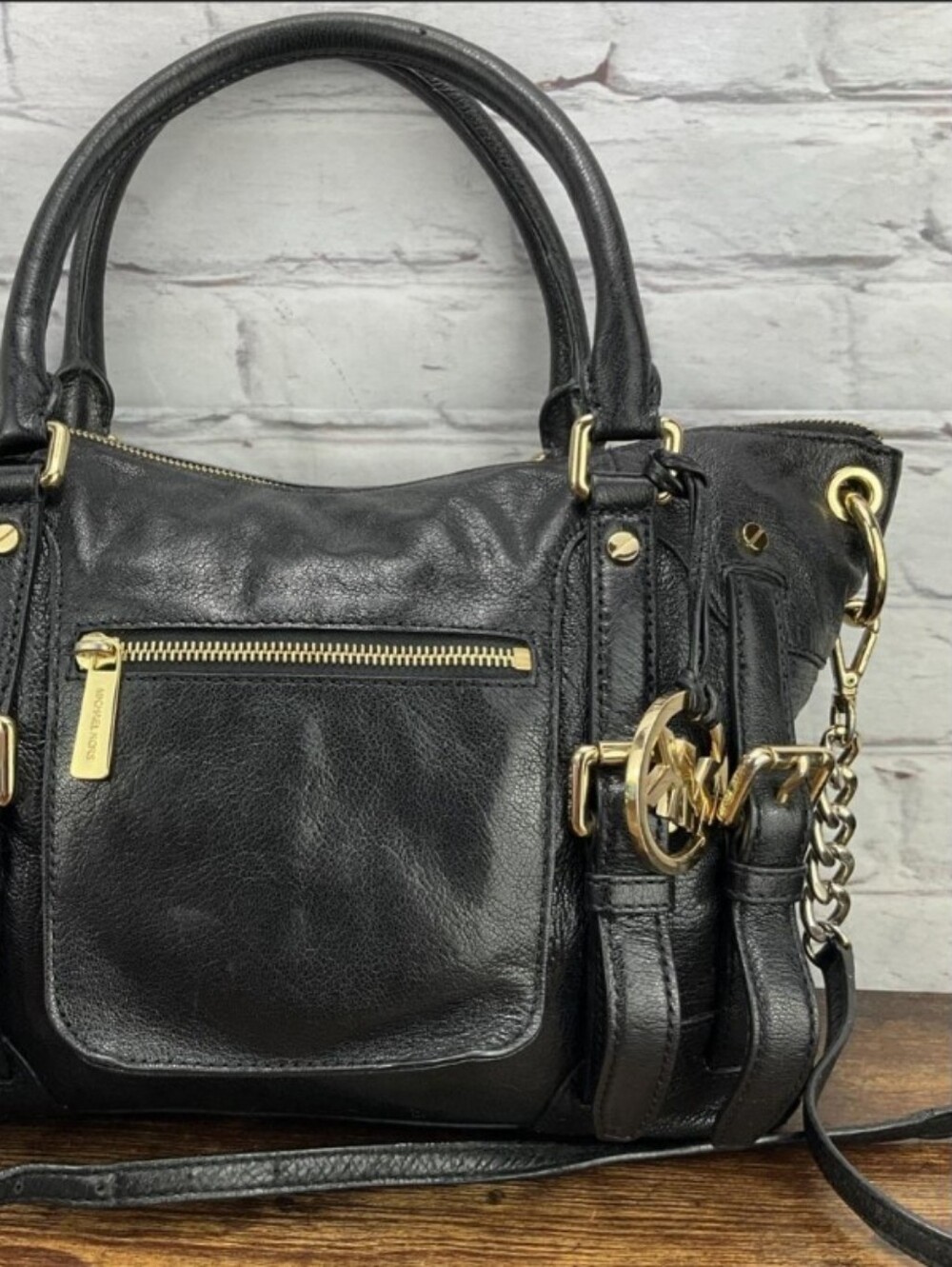 Michael Kors McGraw Black Leather Shoulder Bag with Gold Accents